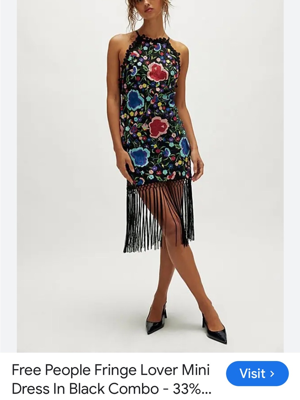 Free People Black Lover Mini dress Floral Halter Fringe Mini Dress